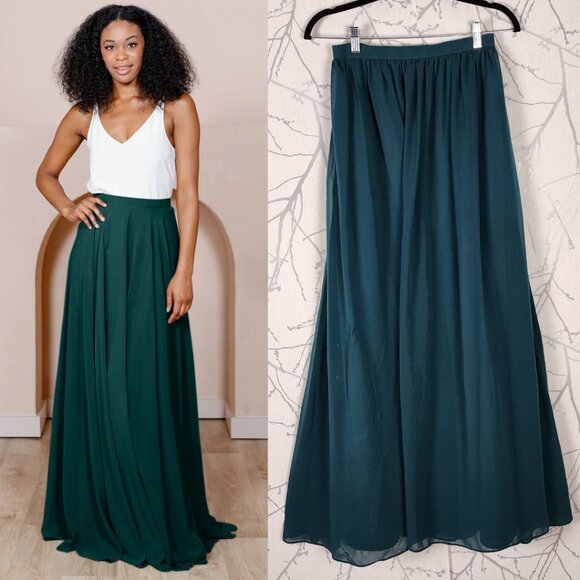 Revelry Emerald Green Flowy Pleated Chiffon Maxi Skirt - Picture 1 of 6